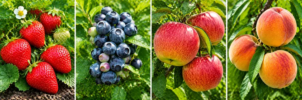 Four Different Fruits Growing In A Garden