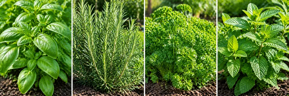 4 Differenr Herbs Growing In A Garden